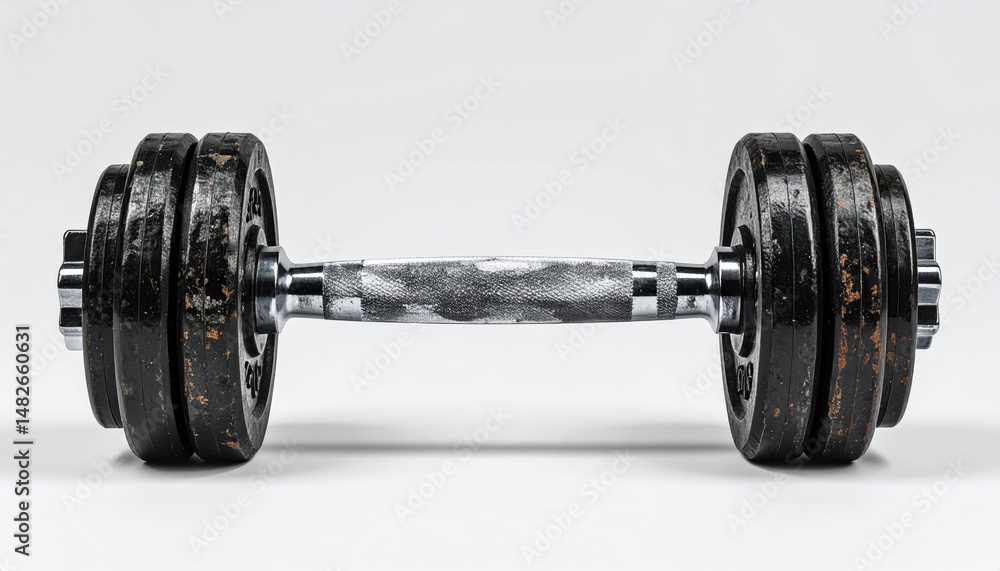 Naklejka premium Weight Training Instrument: A weathered dumbbell, its surface etched with the marks of rigorous workouts. An emblematic tool of strength and discipline, ready for the next rep.