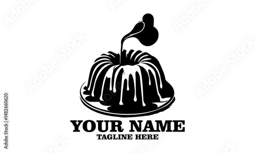 Pouring palm sugar frosting over bundt cake isolated illustration vector art, Pouring icing frosting over bundt cake isolated logo icon and Isolated on a white background 