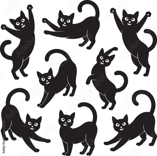 Collection of black cat silhouettes in playful poses, representing feline agility, pets, and domestic animals in vector art