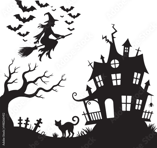 Spooky Halloween vector silhouette featuring a haunted house, flying witch, bats, bare trees, and a graveyard, perfect for spooky themes