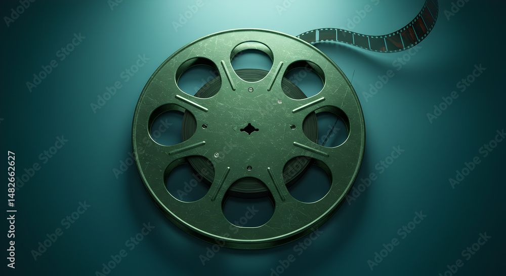 Obraz premium Close Up of Metallic Film Reel on Dark Blue Surface for Motion Picture Memories