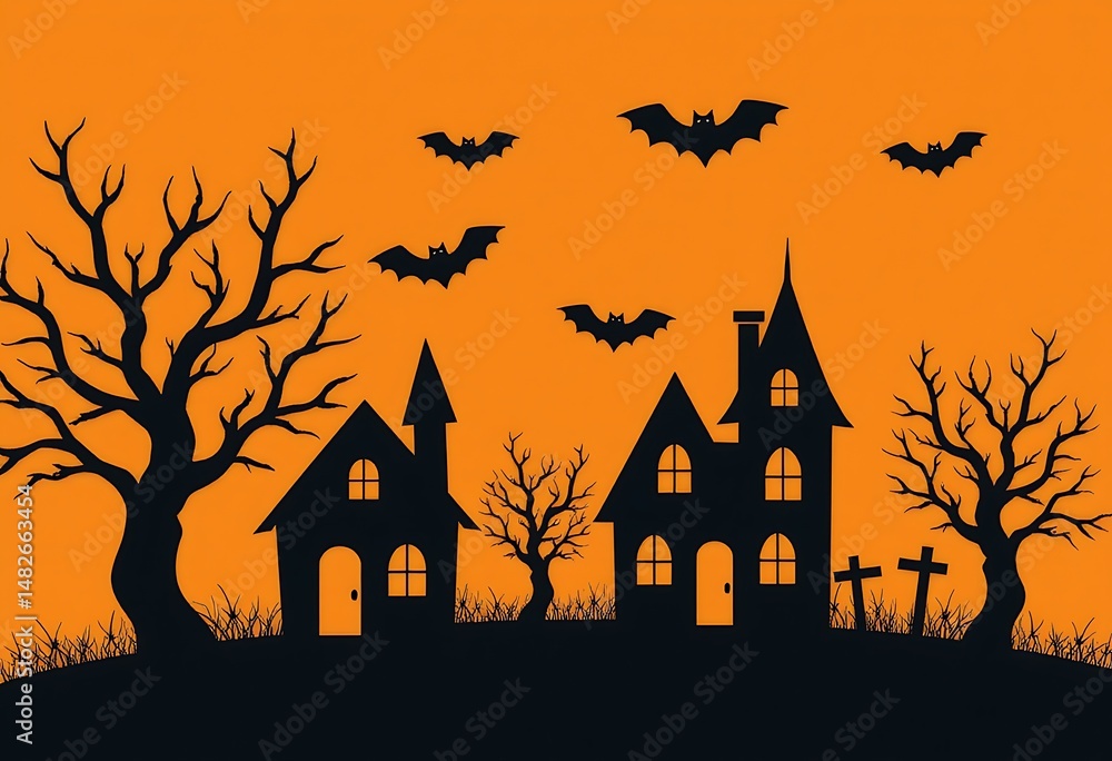 Orange backdrop, Silhouetted haunted houses, gnarled trees, bats Orange backdrop, Silhouetted haunted houses, gnarled trees, bats