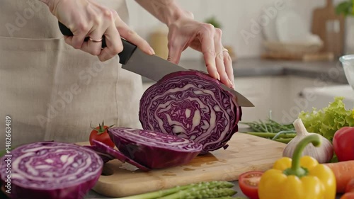 close up of female hands cutting  red cabbage with knife on kitchen table