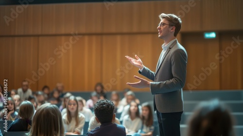 A school principal addressing students in a modern assembly hall.