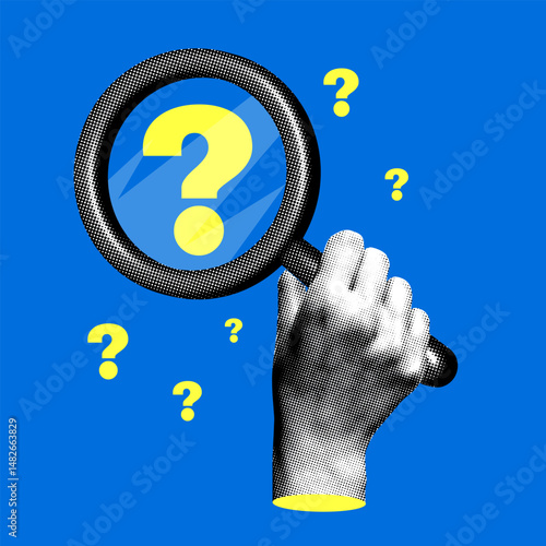 Modern collage with halftone hand holding a magnifying glass with question mark. Researching a question with a magnifying glass. Problem analysis. Finding a solution. Doubt and choice