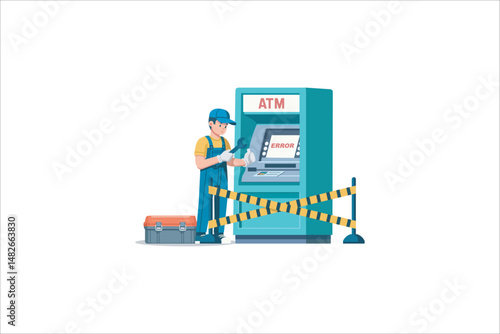 Illustration of a male technician repairing a malfunctioning ATM. The green ATM displays an error message. The area is secured with warning tape. The repairman holds a toolbox and wrench..