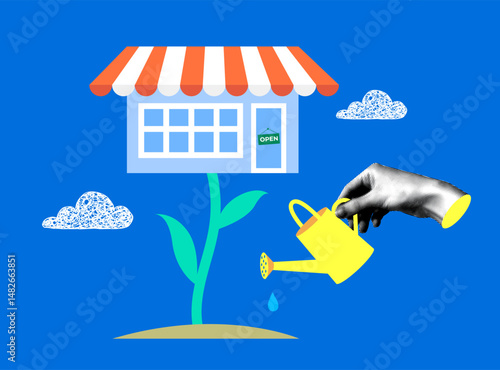 Small business development concept. Increase business income. Business investment. Entrepreneur waters a sprout with a flower in the form of a store. Company growth