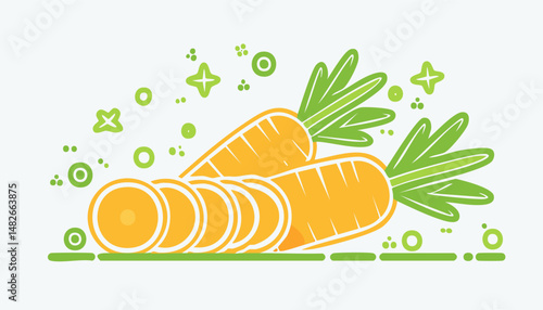 Clean and vibrant flat illustration of carrot and slices, perfect for healthy food designs, kids’ materials, and menu art.