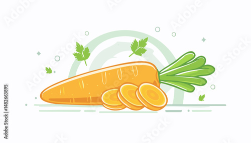 Bright flat illustration of a full carrot and three slices, green leafy top, styled in a fun modern look on a clean background.
