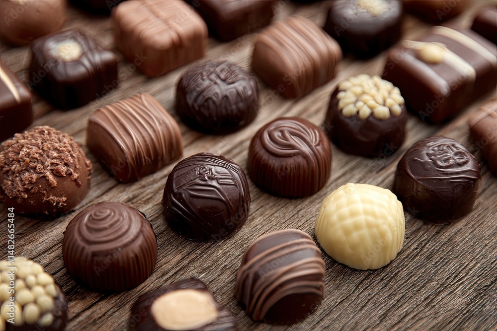 Elegant Dark Chocolate Assortment: A Rustic Still Life Elegant Dark Chocolate Assortment: A Rustic Still Life