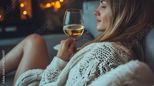 Relaxed woman enjoying a glass of white wine at home.