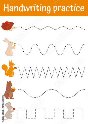 Handwriting practice. Tracing lines, worksheet for kids. Writing training page. Educational game and activity for preschool, kindergarten. Fine motoric skills practice for kids. Writing exercises.