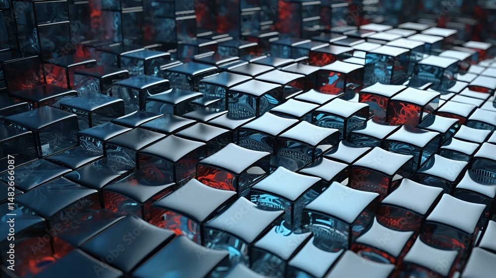 Fototapeta premium Abstract array of glossy cubes reflecting blue and red lights with a futuristic ambience shown.