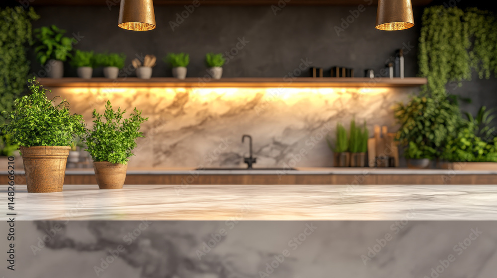 Fototapeta premium Concept image of a marble countertop used for kitchen or yard sign presentation