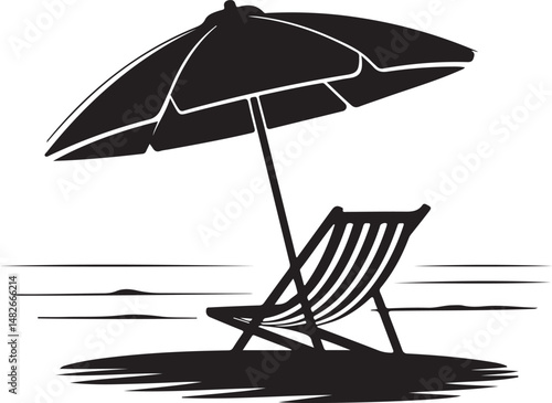 silhouette of beach chair under umbrella facing ocean view, summer vacation relaxation concept in minimal 