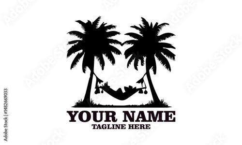 illustration tropical hammock scene and person unwinding between palm trees vector design. relax lies in hammock surrounded by palm trees illustration vector logo art , Isolated on a white background