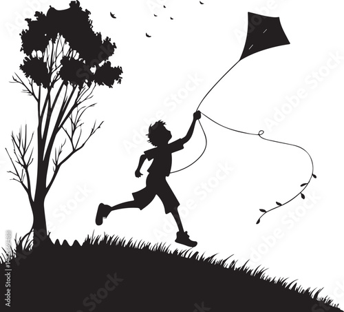 Silhouette of a Boy Flying a Kite on a Hill with Tree and Birds