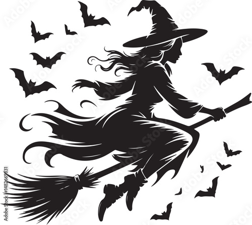 Silhouette of flying witch on broomstick surrounded by bats, classic Halloween vector design in spooky