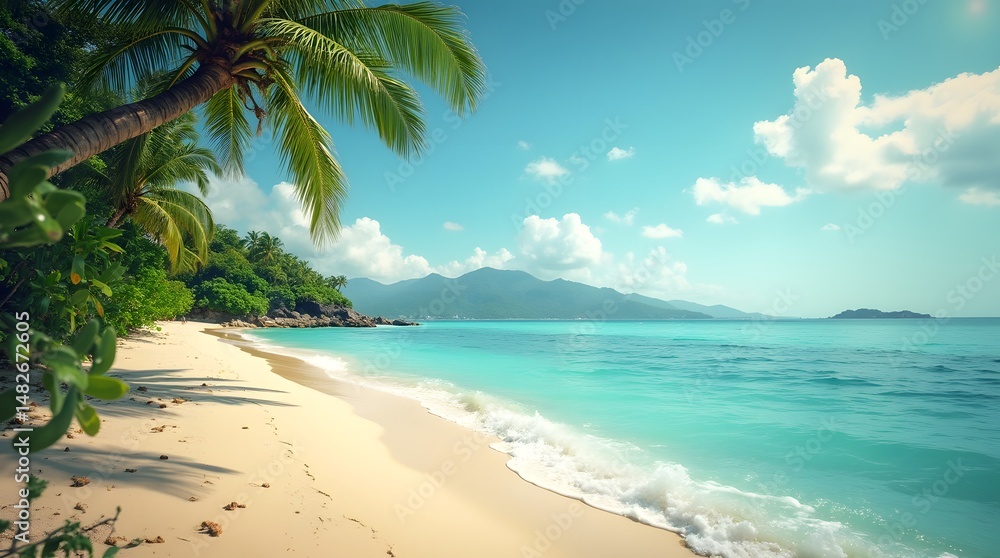 Obraz premium Beach coastline with palm trees and tropical forest against the backdrop of a mountain range. Islands for active recreation and relaxation. Transparent aquamarine ocean waters wash the shores.