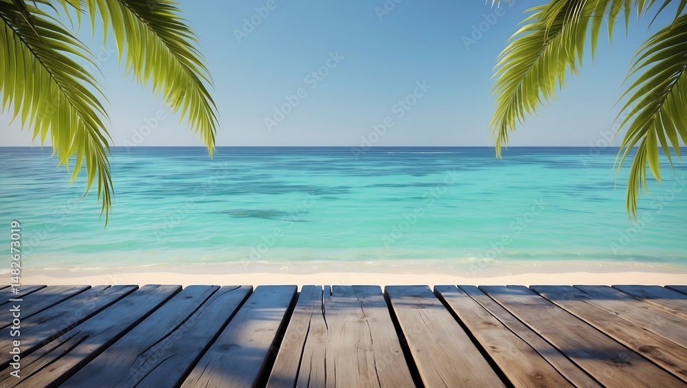 Fototapeta premium Serene Tropical Beach Scene Wooden Deck, Turquoise Water, Palm Trees