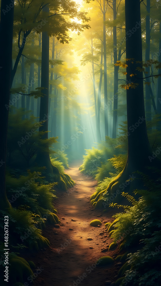 Obraz premium A serene forest trail bathed in golden sunlight and mysterious hues of green
