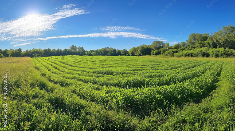 Obraz premium A panoramic view of a pea field with rows of green plants stretching under a bright blue sky, warm sunlight casting long shadows