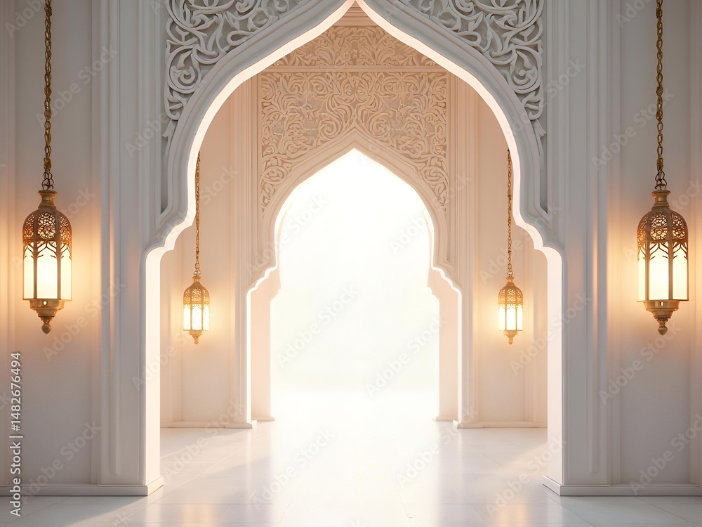 Fototapeta premium Illuminated sanctuary: intricately designed arches and golden lamps in ethereal space