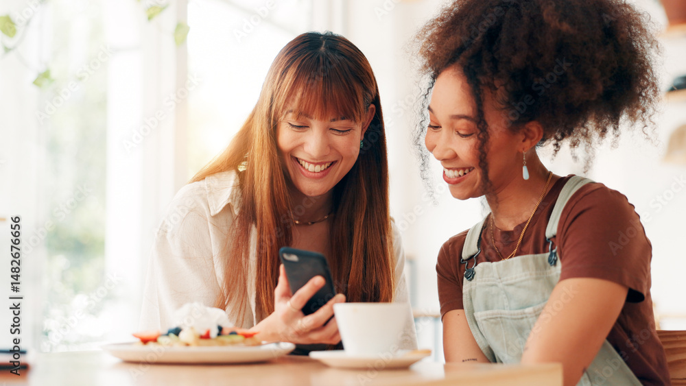 Phone, breakfast and girl friends in cafe scrolling on social media, mobile app or online research. Happy, cellphone and women eating morning meal with reading blog or website post in coffee shop. Phone, breakfast and girl friends in cafe scrolling on social media, mobile app or online research. Happy, cellphone and women eating morning meal with reading blog or website post in coffee shop.