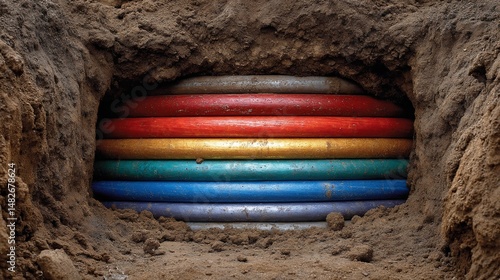 Colorful pipes buried in sandy soil