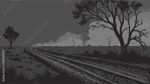 Vector dark road in outback at nighttime evokes sense of mystery and solitude