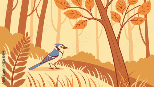 Vector blue jay in autumn forest, surrounded by golden leaves and trees, creates serene and vibrant scene