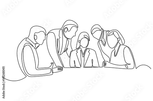Continuous one line drawing of business meeting. Single line drawing illustration of Discussion in a conference meeting. Business strategy concept vector art. Doodle line illustration.