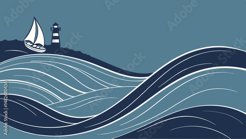 Vector serene landscape featuring sailboat gliding on gentle waves near lighthouse, evoking sense of calm and adventure