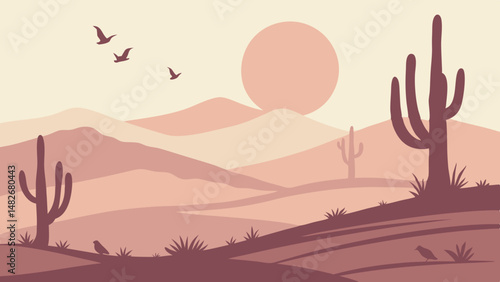 Vector serene desert landscape featuring cacti, mountains, and birds flying in sky during sunset, evoking tranquility and beauty