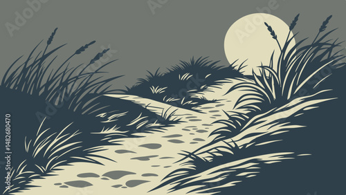 Vector dark sandy path leads to horizon, surrounded by tall grass and glowing moon, creating serene atmosphere