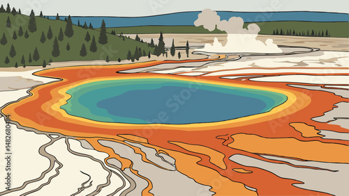 Vector vibrant aerial view of Grand Prismatic Spring showcases its stunning colors and unique geothermal features, surrounded by lush