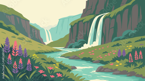 Vector serene fantasy landscape featuring colorful waterfalls cascading down lush green cliffs, surrounded by vibrant flowers
