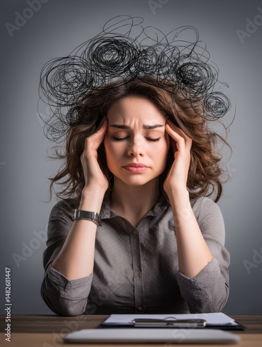 Woman experiencing stress, with tangled thoughts represented by a chaotic cloud above her head