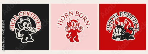 Cute little Devils. Funny character with horns, flame. Happy joyful positions. Hand drawn Vector illustration. Halloween, retro, vintage, cartoon mascot, sticker, logo concept. Isolated elements