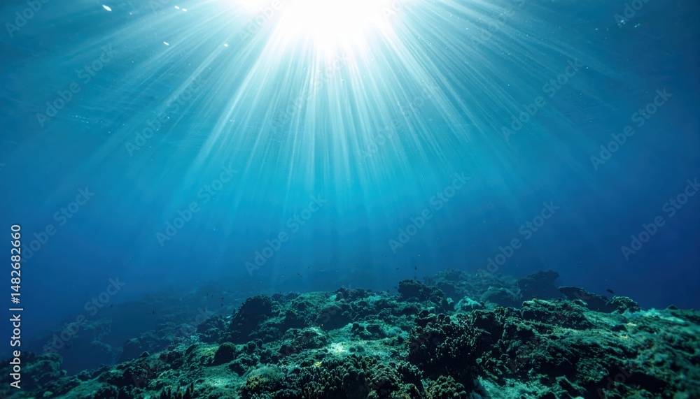 Fototapeta premium Submerged Light: The radiant sun beams pierce through the crystal-clear ocean water, creating a mesmerizing display of light and shadow, illuminating the ocean floor's textures.