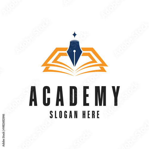 academy logo design concept idea with book and pen