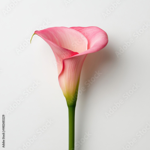 A single pink arum lily with gradient color and curved petals on white background