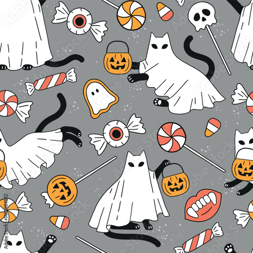Seamless vector pattern with Halloween black cat ghosts with sweeties. Hand drawn creepy Halloween cat with sweeties. Perfect for wallpaper or fabric print design. EPS 10 vector file.