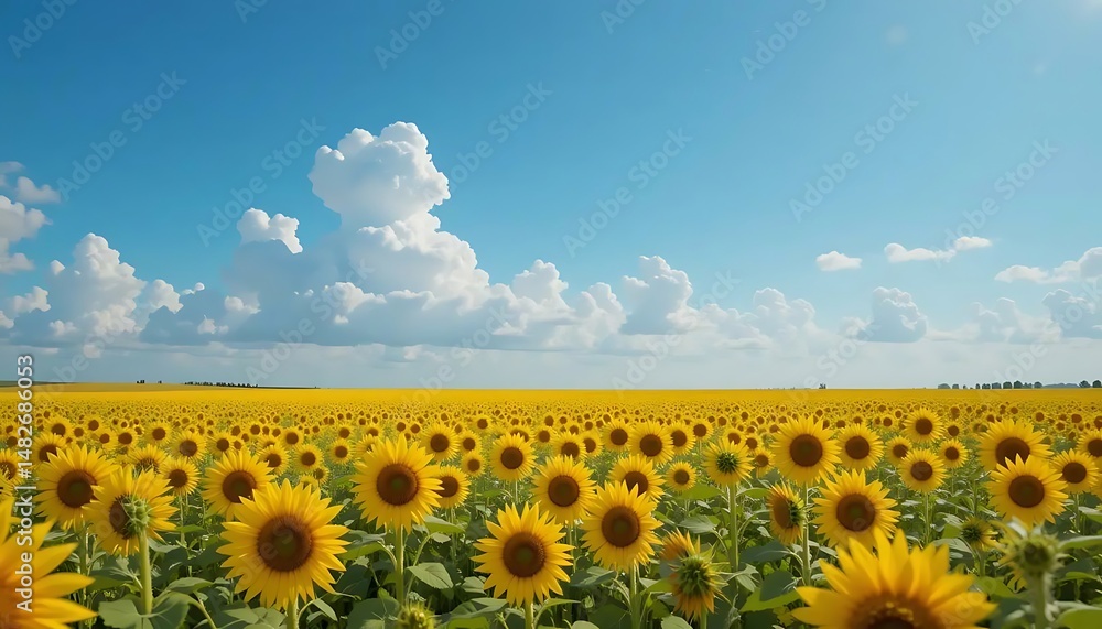 Obraz premium Vibrant field of golden sunflowers stretches to the horizon beneath a bright, cloudy blue sky.
