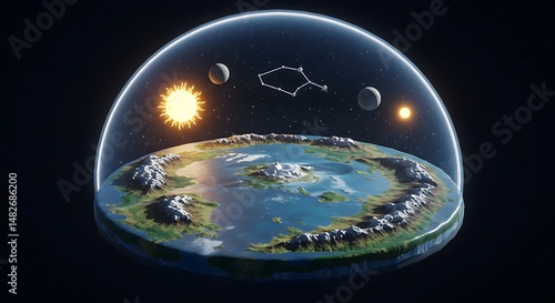 Flat Earth Model with Sun, Moon, Constellation Under Dome Illustration