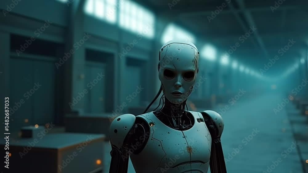 Advanced robotic figure stands in an industrial setting, showcasing futuristic technology and artificial intelligence themes Advanced robotic figure stands in an industrial setting, showcasing futuristic technology and artificial intelligence themes