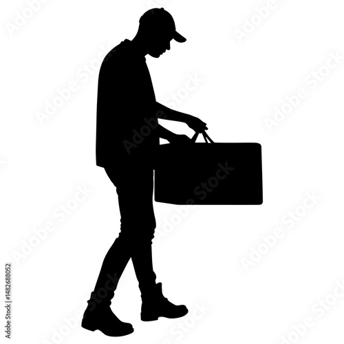 Silhouette of delivery person carrying cold box, black and white, concept of mobility and logistics
