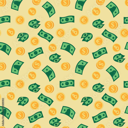 Seamless  with banknotes and coins. Design for fabric, textile, wallpaper, packaging
