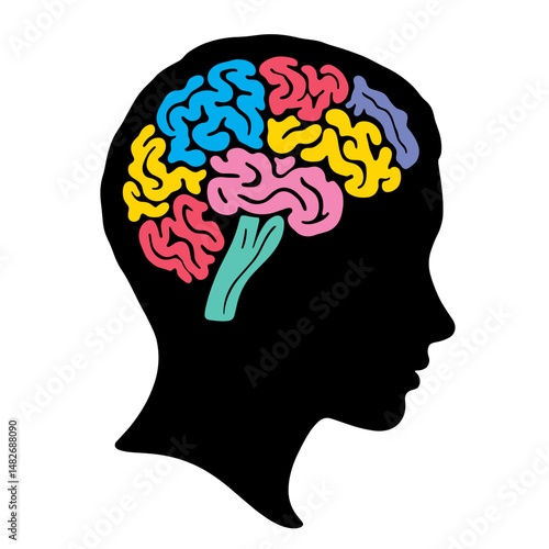 Silhouette of Diverse Brains with Unique Color Patterns, Black and White, Autistic Pride Concept