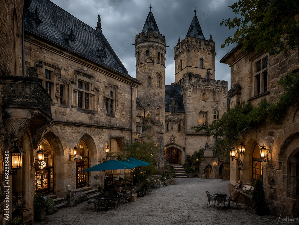 Fototapeta premium festive photograph of a bustling christmas market in a historic german town, with colorful stalls selling traditional crafts, food, and illuminated decorations,